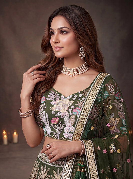 Olive Green Floral Embroidered Lehenga