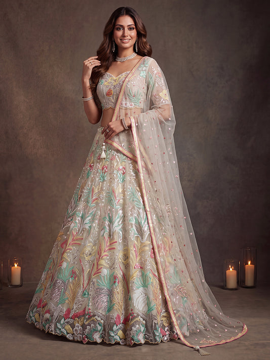 White Pastel Floral Work Lehenga