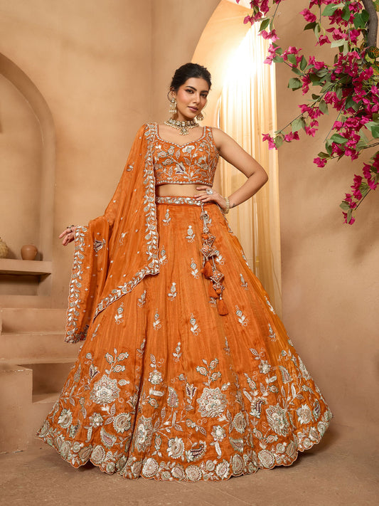 Rust Orange Pure Tissue Lehenga With Embroidered Dupatta