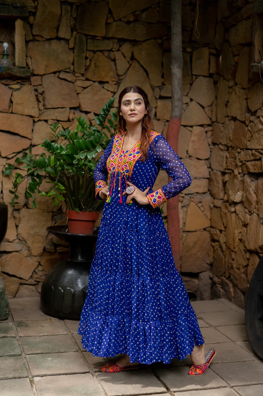 Designer Ruffle Georgette Gown Mirror Work Cowrie Tassels