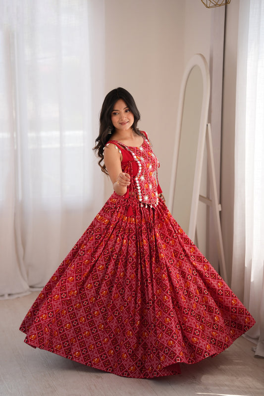 Festive Bloom Digital Print Mirror Work Lehenga Set
