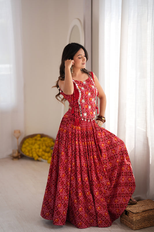 Festive Bloom Digital Print Mirror Work Lehenga Set
