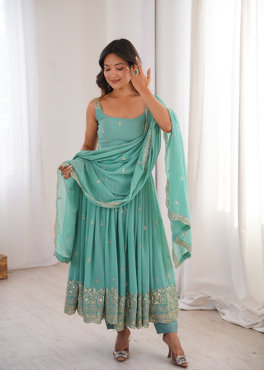 Heavy Georgette Sequins Anarkali with Lace Dupatta