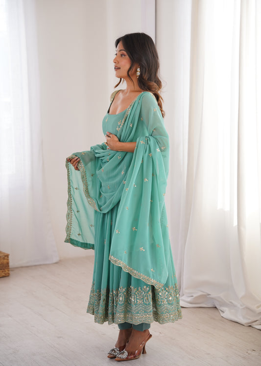 Heavy Georgette Sequins Anarkali with Lace Dupatta