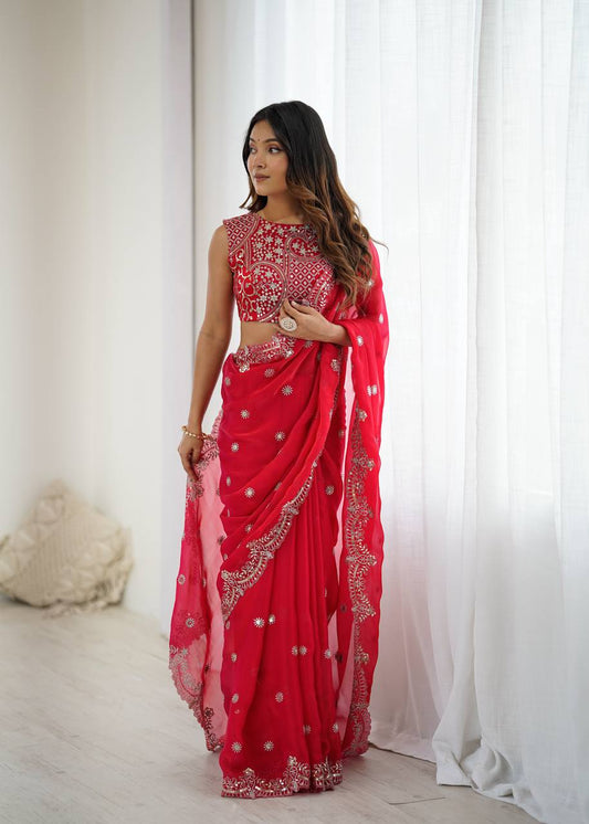 Premium Fendy Chiffon Embroidered Party Wear Saree