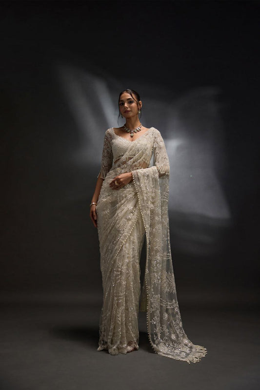 Silver Mono Net Embroidery Sequins Work Saree