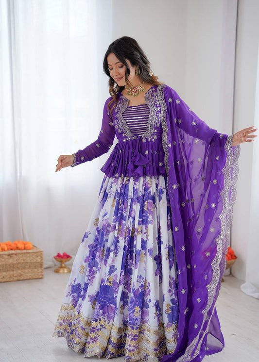 Heritage Print Georgette Lehenga Set with Embroidered Koti