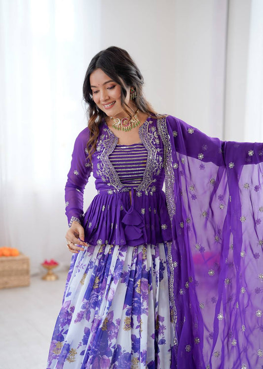 Heritage Print Georgette Lehenga Set with Embroidered Koti