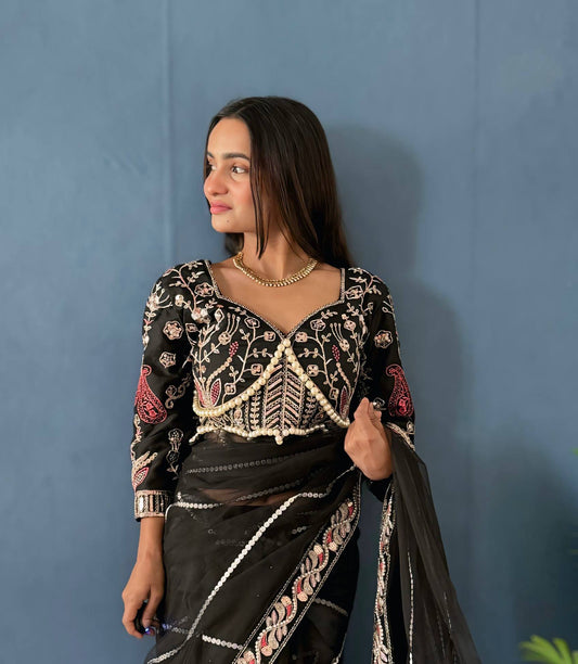 Regal Charm Net Embroidered Saree Pearls Khatli Blouse