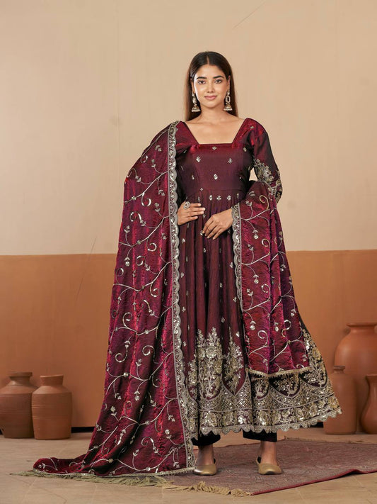 Heavy Jelly Shimmer Silk Embroidered Gown Pant Set