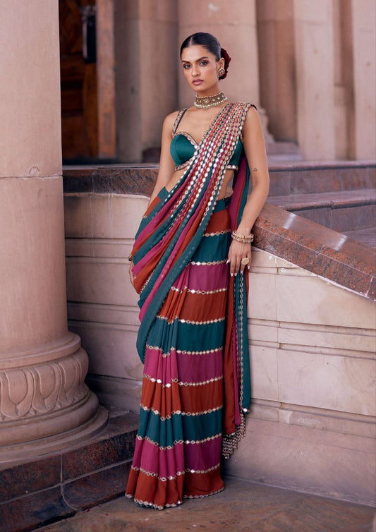 Faux Georgette Patta Lining Real Mirror Saree