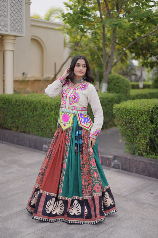 Kutchi Cotton Gamthi Real Mirror Lehenga Set