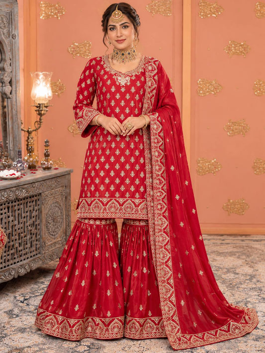 Chinon Embroidered Sharara Set with Patchwork Dupatta