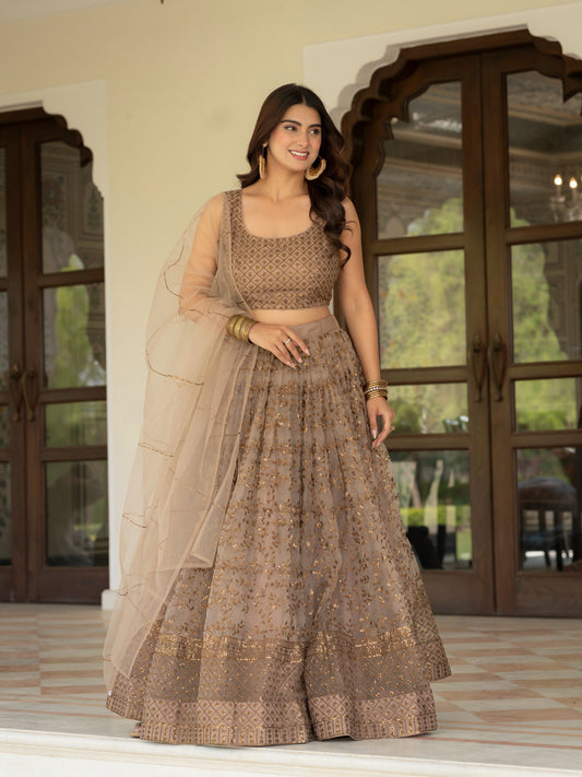 Designer Net Zari Sequence Embroidered Lehenga Set
