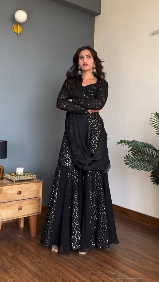 Faux Georgette Sequence Sharara Set