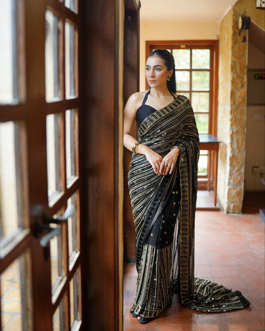 Designer Black Golden Sequence Work Saree For Sangeet