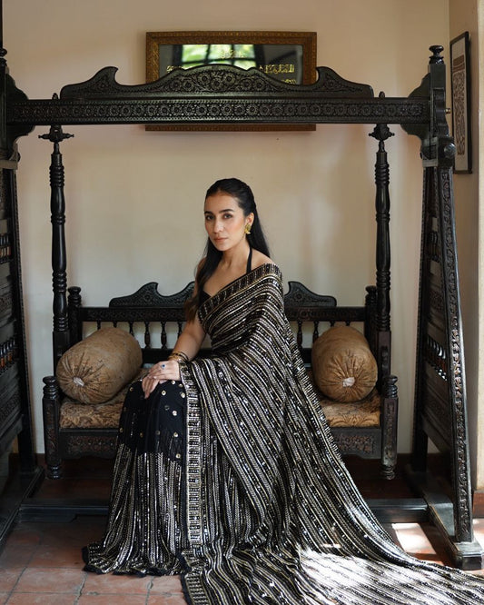 Designer Black Golden Sequence Work Saree For Sangeet