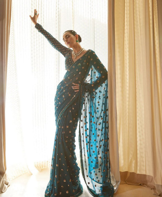 Teal Faux Georgette Embroidery Sequins Work Saree