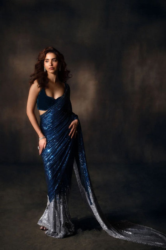 Electric blue to silver ombre saree