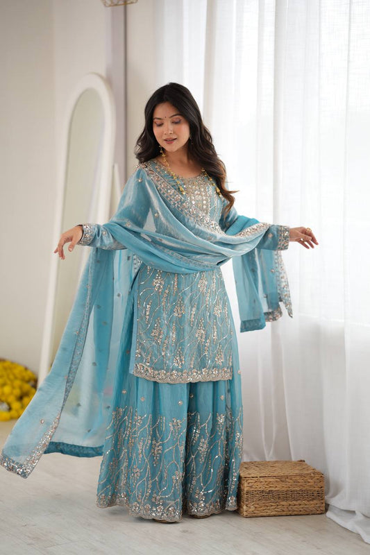 Premium Fandy Silk Beads & Sequence Embroidered 3-Piece Sharara Set