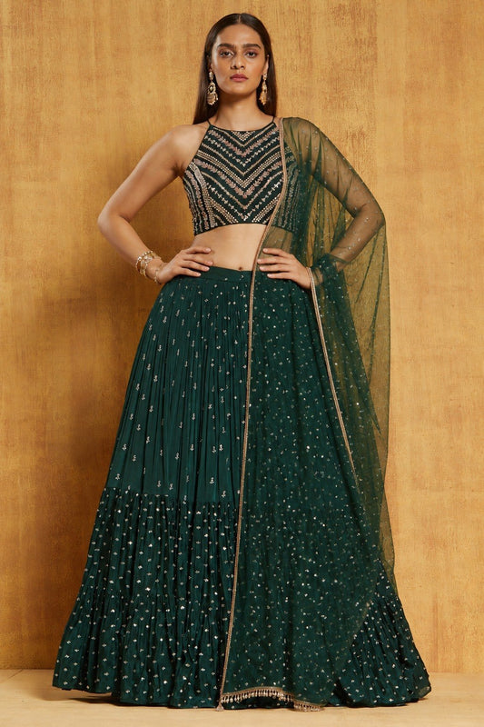 Georgette Zari & Sequence Embroidered Semi-Stitched Lehenga Set