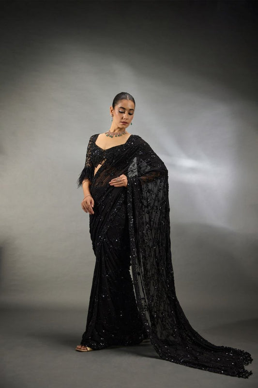 Black Embroidery Faux Georgette Saree with Blouse