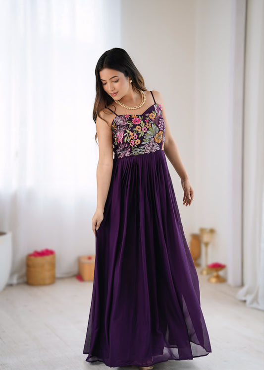 Deep Wine Multicolor Floral Embroidered Georgette Designer Gown
