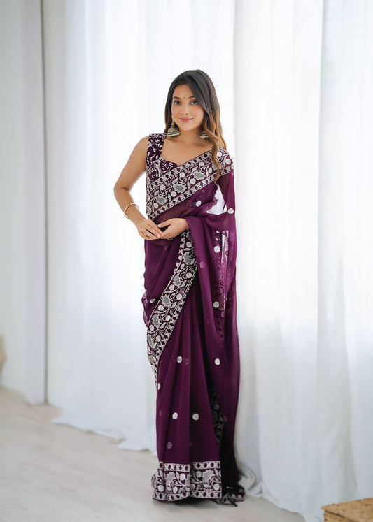 Elegant Faux Georgette Thread Embroidery Designer Saree