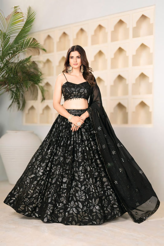 Elegant Black Faux Blooming Sequin Embroidered Lehenga Set