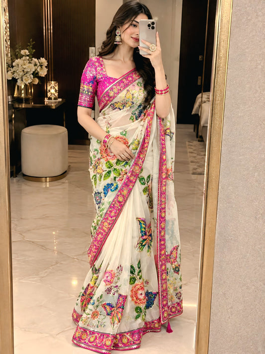 Printed Chinon Real Mirror and Sequins Saree