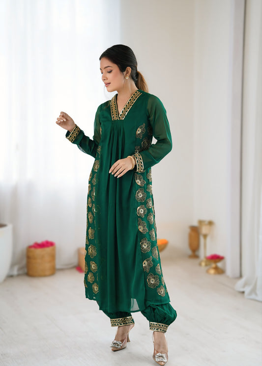 Emerald Green Pure Georgette Floral Zari Kurta Set