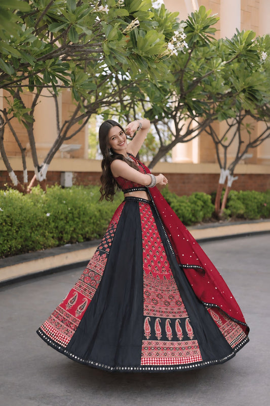 Garba Special Printed Lehenga With Mirror Lace Border