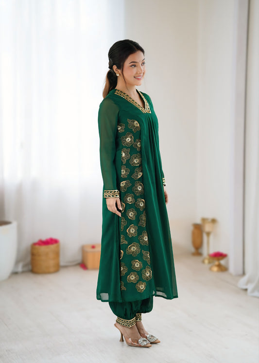 Emerald Green Pure Georgette Floral Zari Kurta Set