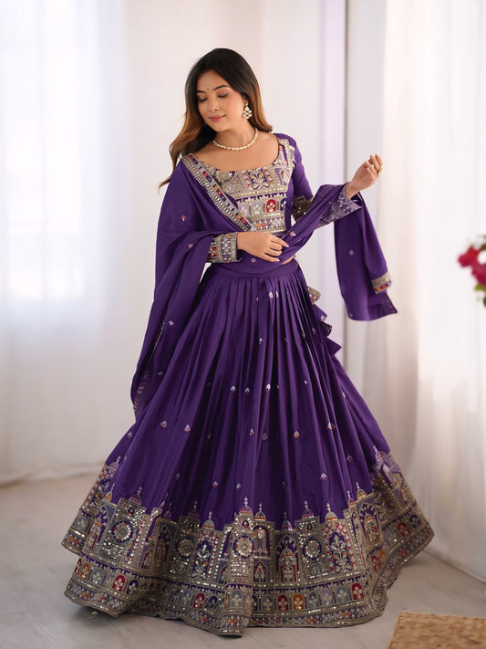 Multi Thread Sequence Embroidered French Crepe Lehenga Choli
