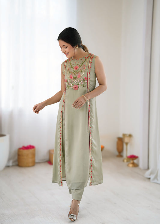Sage Green Floral Embroidered Georgette Straight Kurta Set