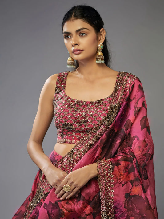 Embellished Sequinned Organza Semi-Stitched Lehenga Blouse Set