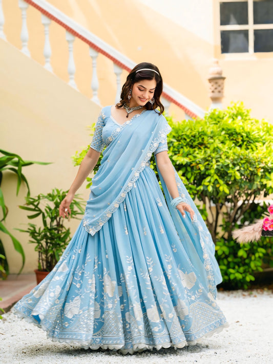 Sky Blue Faux Georgette Sequin Lehenga Set with Dupatta