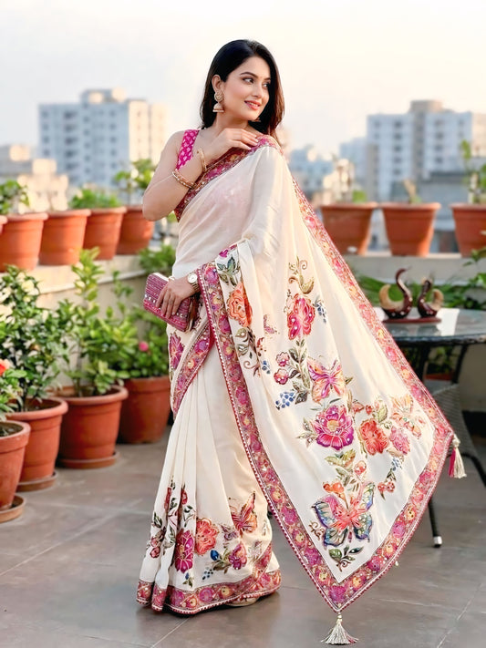 Printed Chinon Real Mirror and Sequins Saree