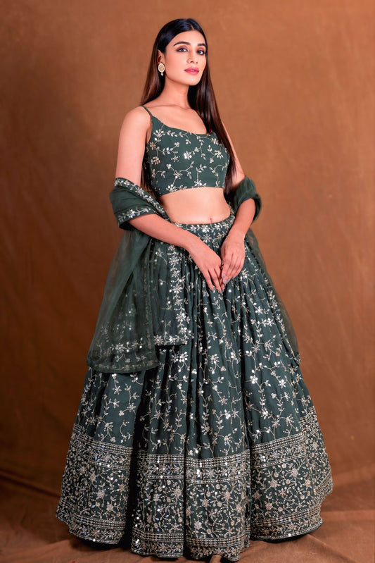 Georgette Sequin Zari Lehenga With Net Dupatta