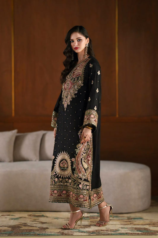 Kashmiri Style Biscuit Slub Embroidered Kaftan Pant Set