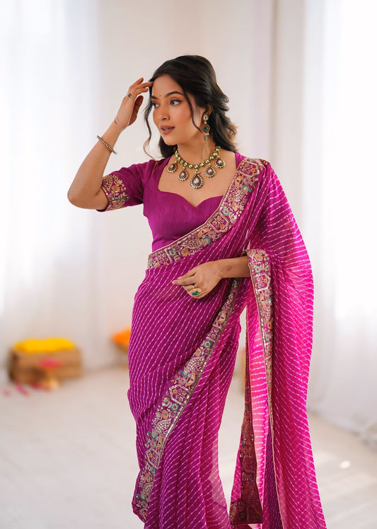 Designer Badhani Print Thread Sequin Embroidery Partywear Saree