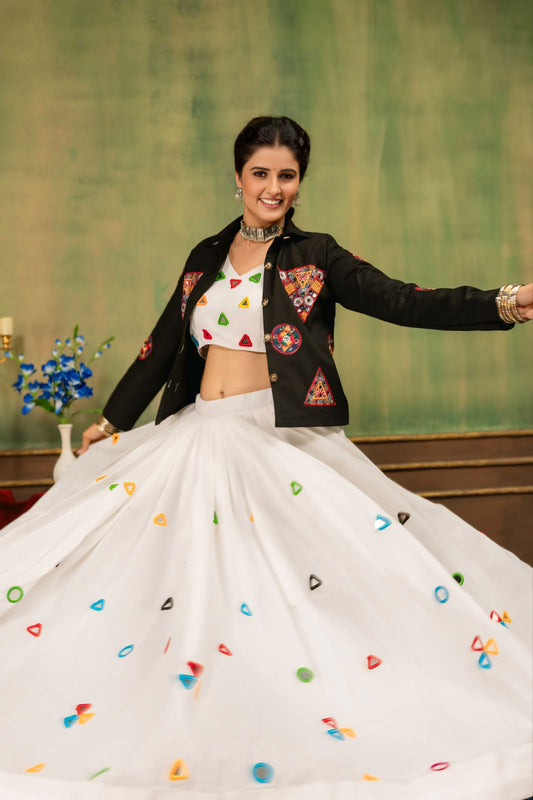 Gamthi Butta Denim Jacket Rayon Cotton Lehenga Choli