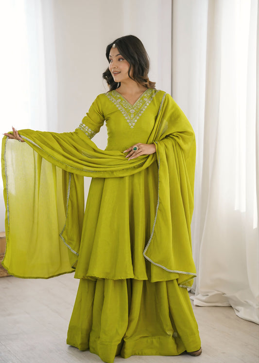 Heavy Chinon Silk Embroidered Plazo Set