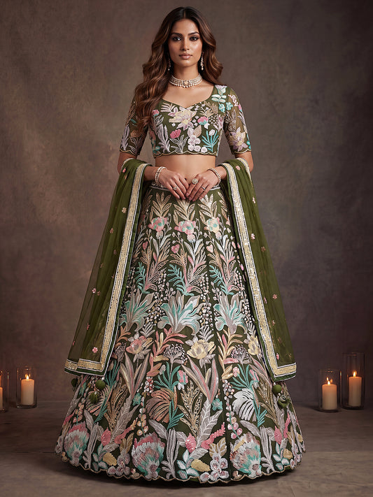 Olive Green Floral Embroidered Lehenga