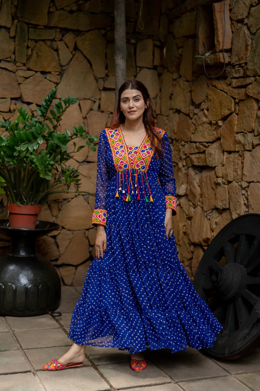 Designer Ruffle Georgette Gown Mirror Work Cowrie Tassels