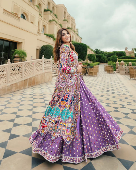 Purple Royale Heritage Print & Mirrorwork Lehenga
