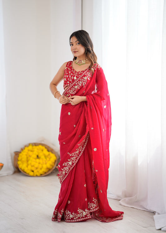 Heavy Fendy Silk Sequin Embroidered Saree with Blouse