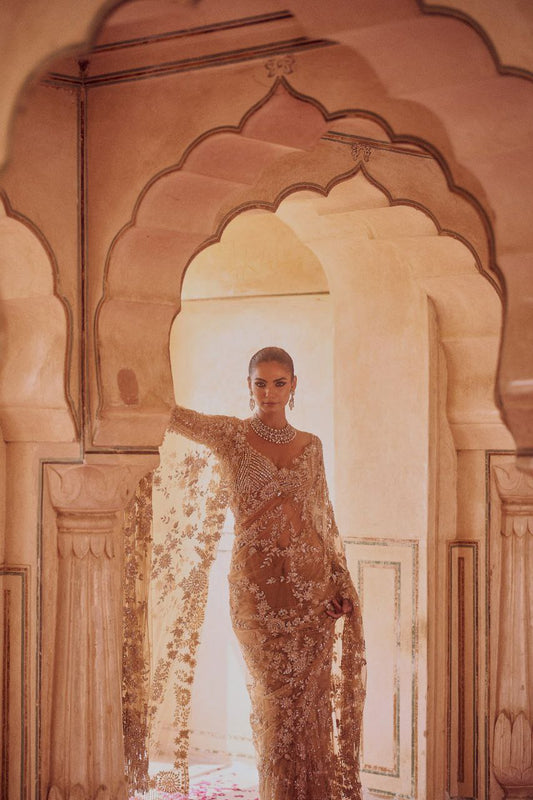 Flower Design Golden Colour Sequence Saree