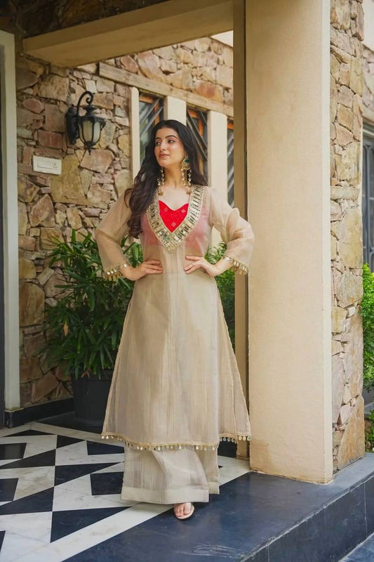Original Mirror Work Salsa Silk Top Plazoo Set