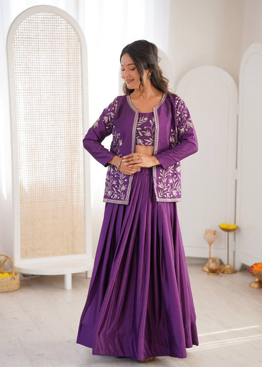 Flared Chinon Silk Lehenga with Thread & Sequin Koti